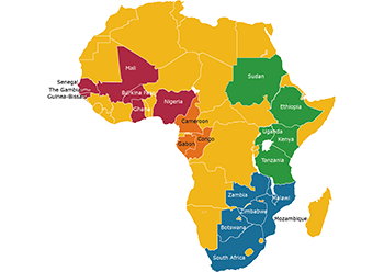 Map of Africa showing the member countries of each of the EDCTP regional networks of excellence